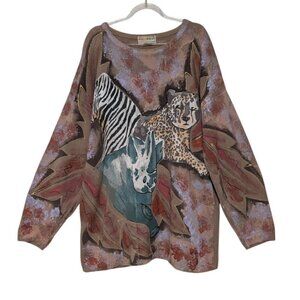Vintage Kolorway 1 Painted Animals Sweater Womens Size XXL Zebra Cheetah Rhino